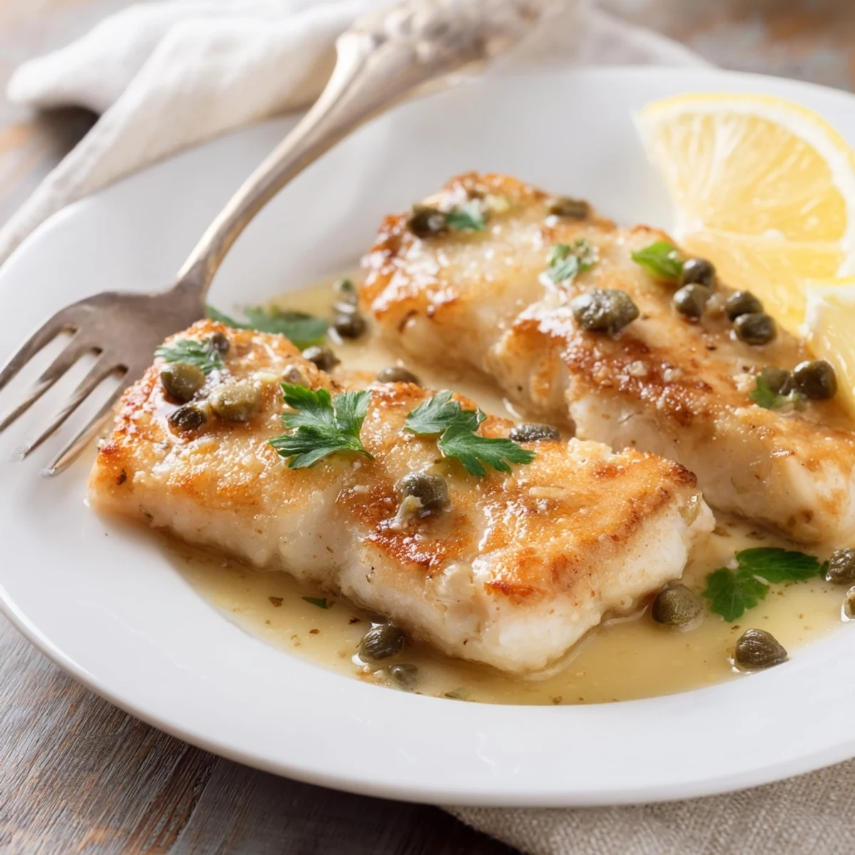 Flour-dredged cod piccata served swimming in a tangy white wine lemon butter sauce with chopped herbs