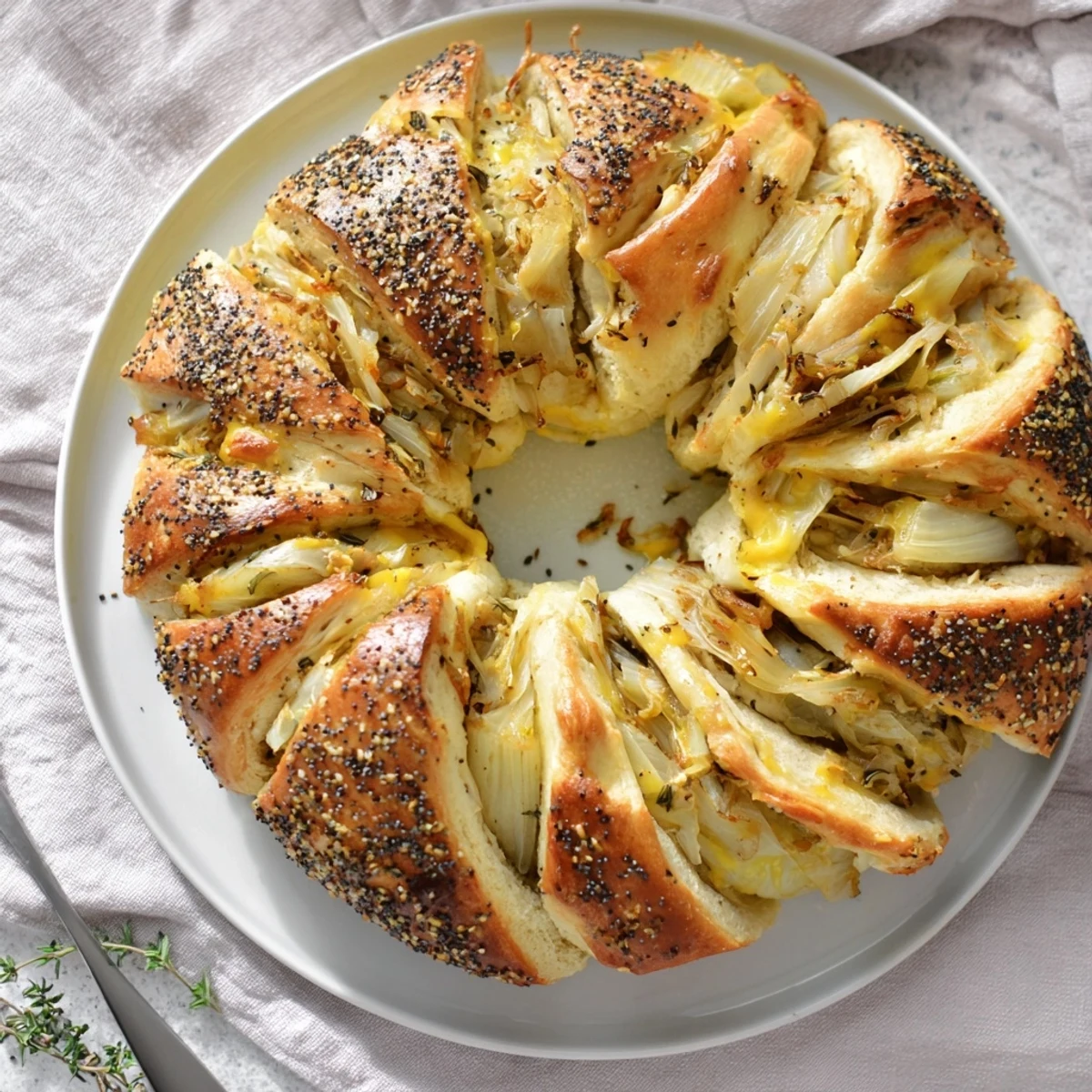 Golden brown caramelized onion Gruyere stuffed bread wreath arranged on a wooden serving board with exposed savory filling and fresh thyme garnish