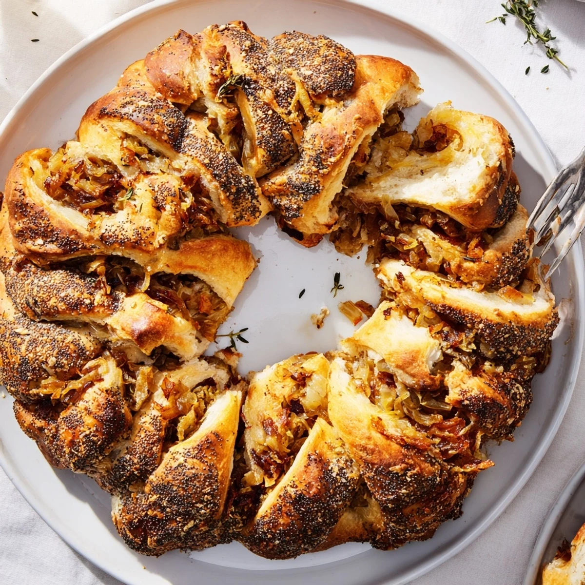 Baked ring of soft yeasty dough spiraled with sweet caramelized onions and melted Gruyere cheese, brushed with egg wash and sprinkled with poppy seeds