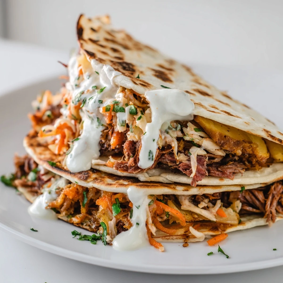Golden corned beef Irish tacos piled with crispy potatoes and crunchy cabbage slaw