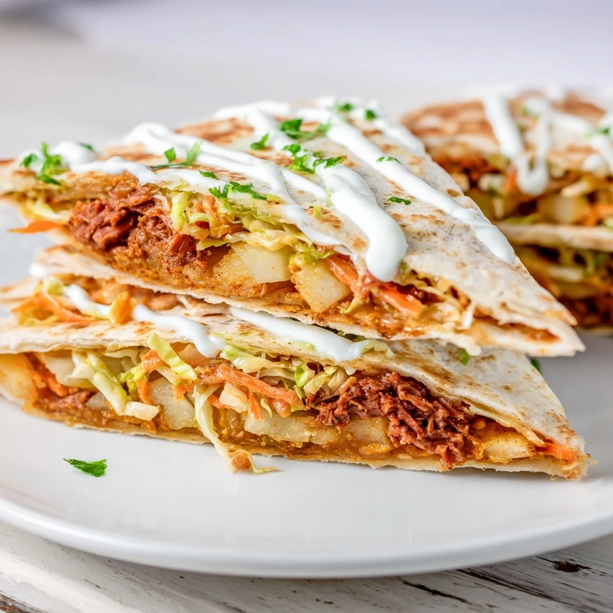 Warm flour tortillas stuffed with tender corned beef, potato, and fresh slaw topping
