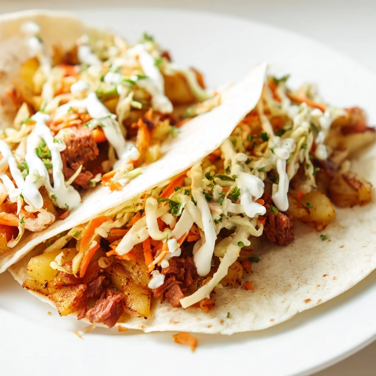 St. Patrick's Day fusion tacos featuring corned beef, crispy potatoes, and zesty slaw