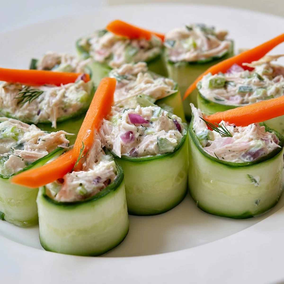 Crisp cucumber slices hold savory chicken salad mixture in these refreshing low-carb roll ups