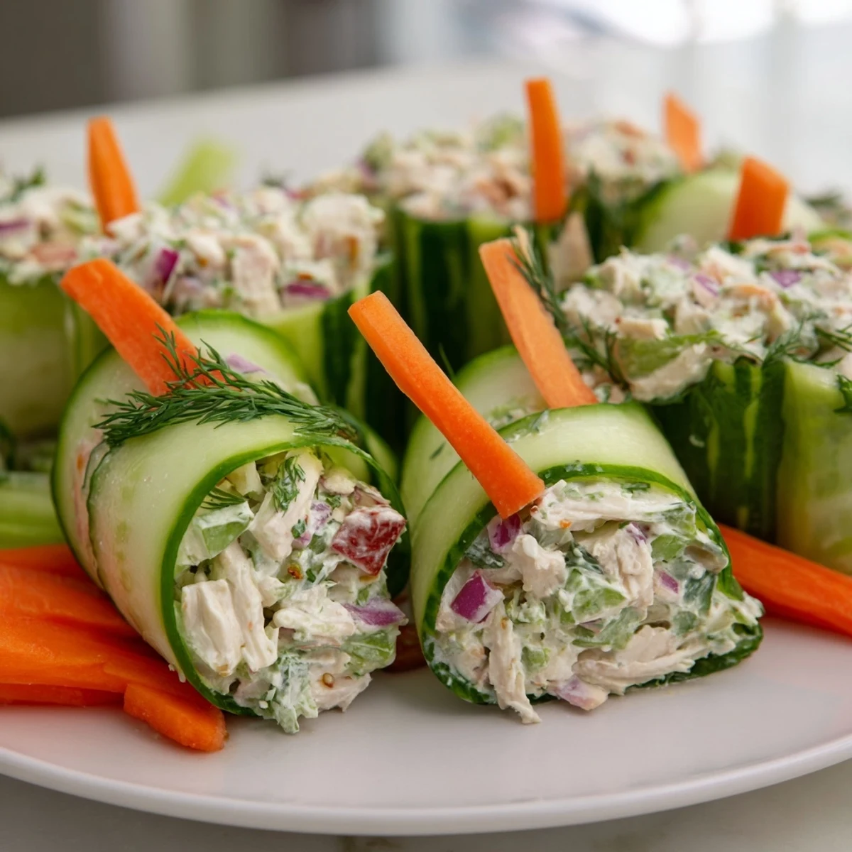 Fresh cucumber ribbons wrapped around creamy chicken salad filling for easy appetizer bites