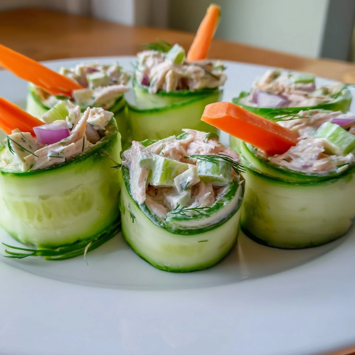 Creamy chicken salad nestled inside thin cucumber ribbons creates light, satisfying appetizer snacks