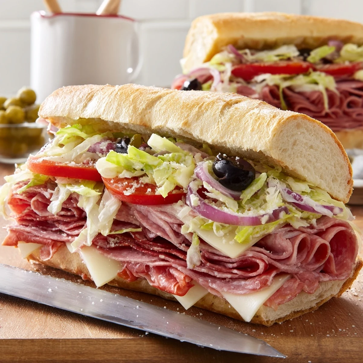 Italian grinder salad sandwich with melty provolone and fresh vegetable medley on crusty hoagie roll