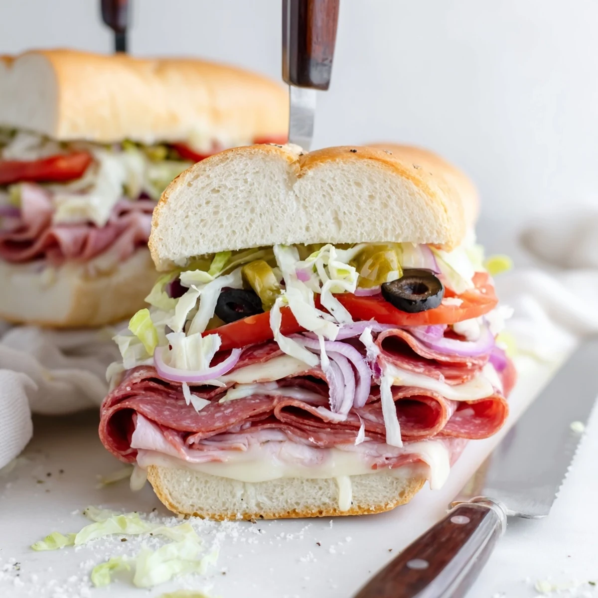 Crispy submarine roll piled high with deli meats and tangy salad mixture in Italian grinder sandwich
