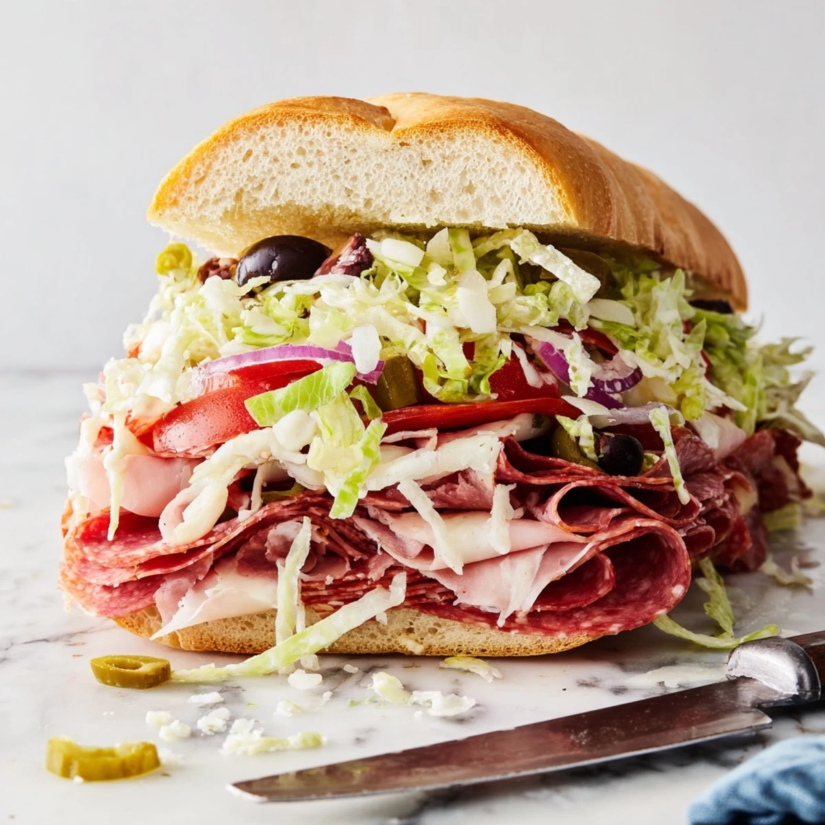 Homemade Italian grinder salad sandwich featuring layered capicola, shredded lettuce, and zesty dressing on toasted bread