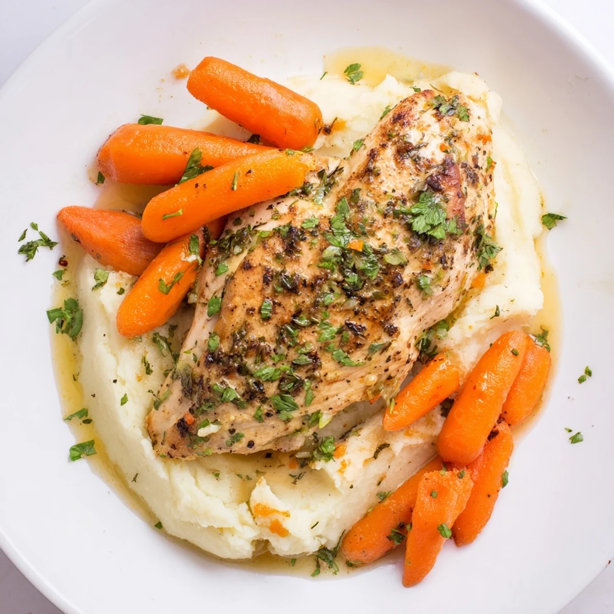 Golden garlic herb chicken breast served with fluffy buttery mashed potatoes and honey glazed carrots on a white plate