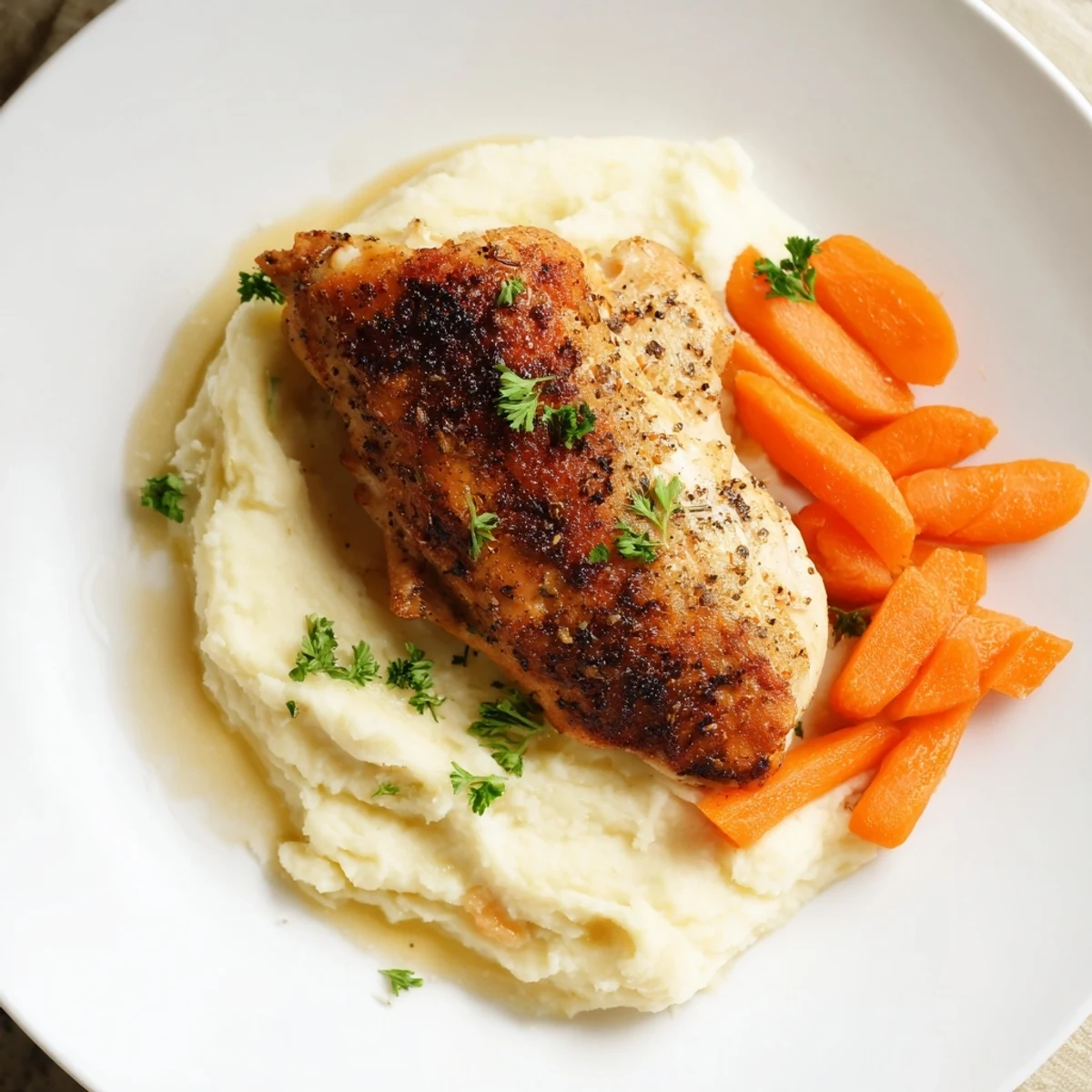 Tender herb-marinated chicken alongside creamy mashed potatoes and shiny sweet glazed carrots garnished with fresh parsley