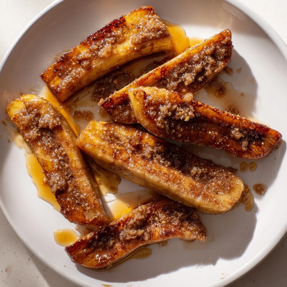 Warm pan fried cinnamon bananas arranged on a white plate ready to serve