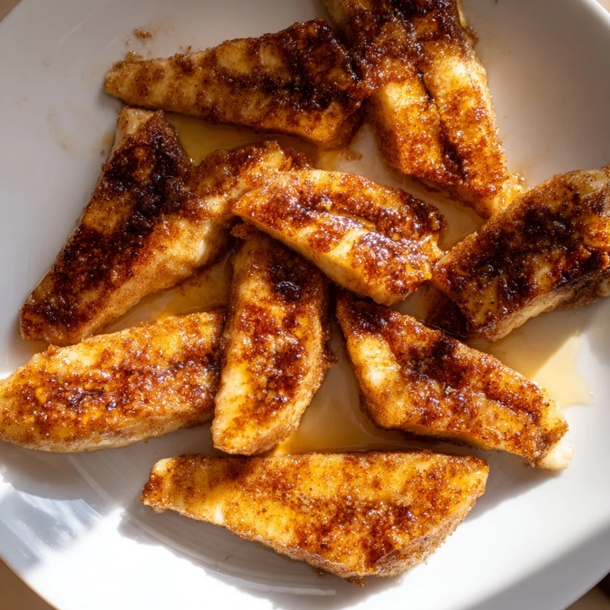 Caramelized pan fried cinnamon bananas sprinkled with cinnamon sugar on a skillet