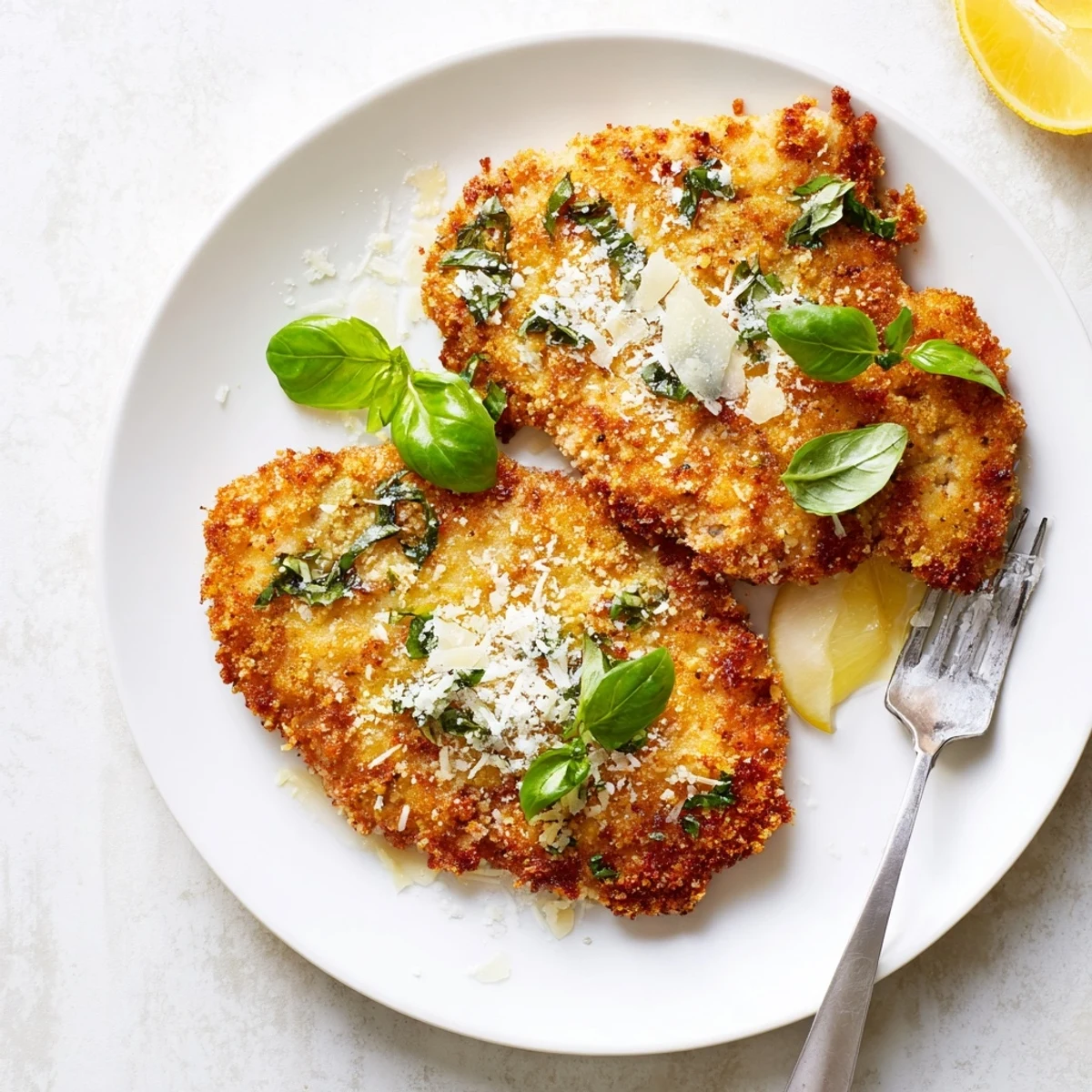 Golden Parmesan basil chicken cutlets sizzling in a skillet with crispy breadcrumb coating