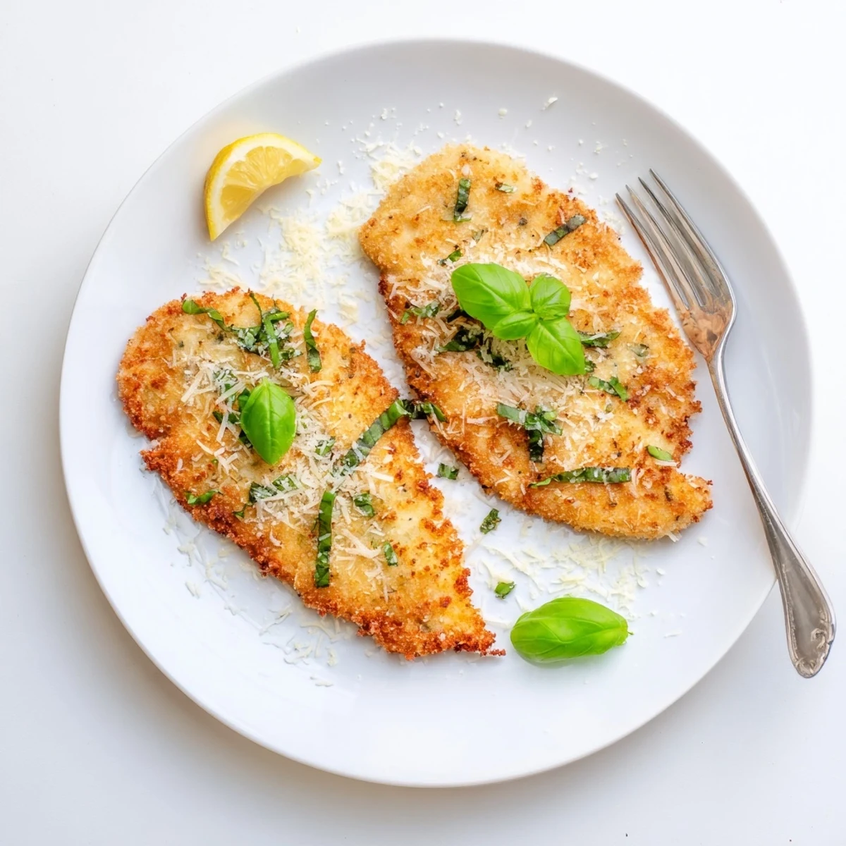 Italian chicken cutlets topped with fresh basil and grated Parmesan on white serving plate