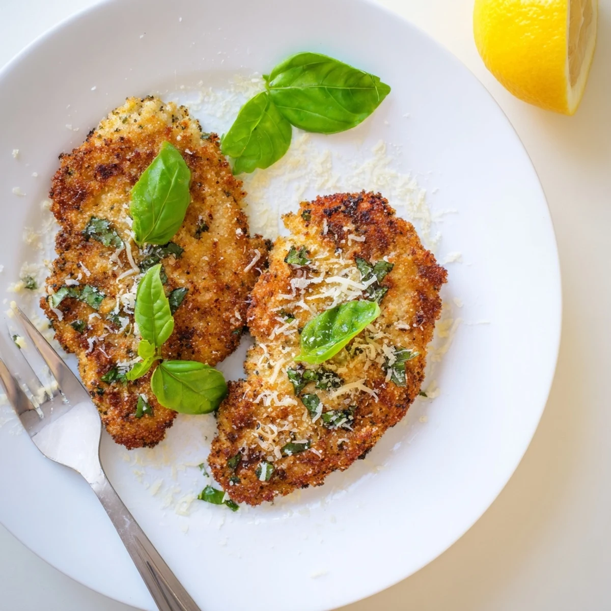 Pan-fried chicken breasts with golden brown crust and fresh basil garnish ready for dinner