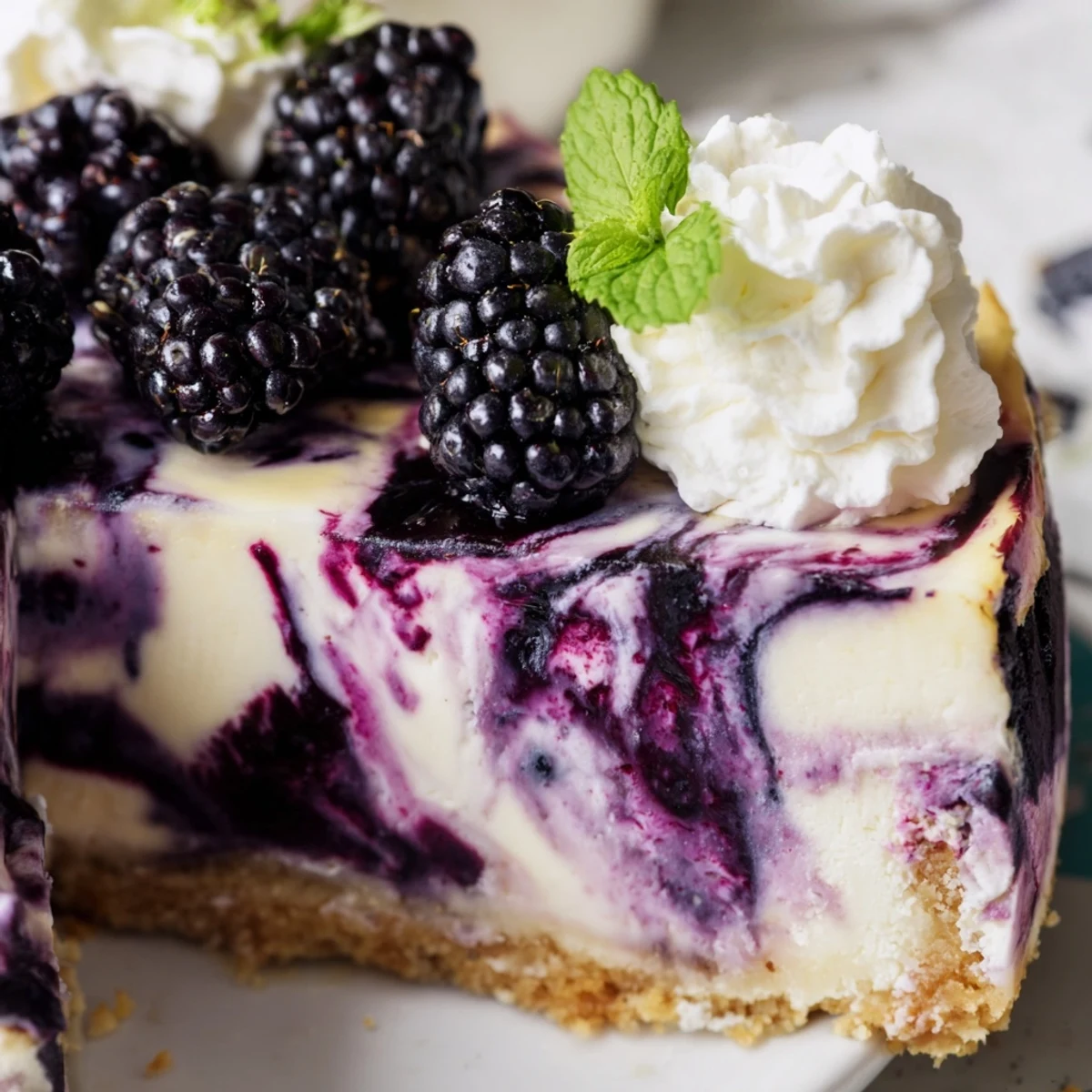 Creamy blackberry bliss cheesecake topped with fresh berries and mint on white plate