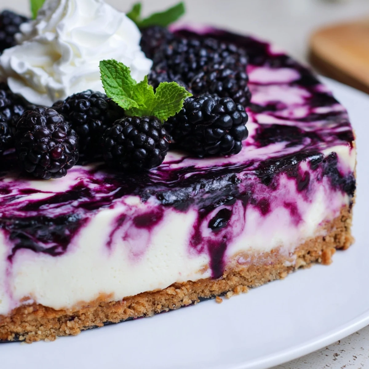 Sliced blackberry bliss cheesecake revealing marbled purple swirls throughout the velvety filling