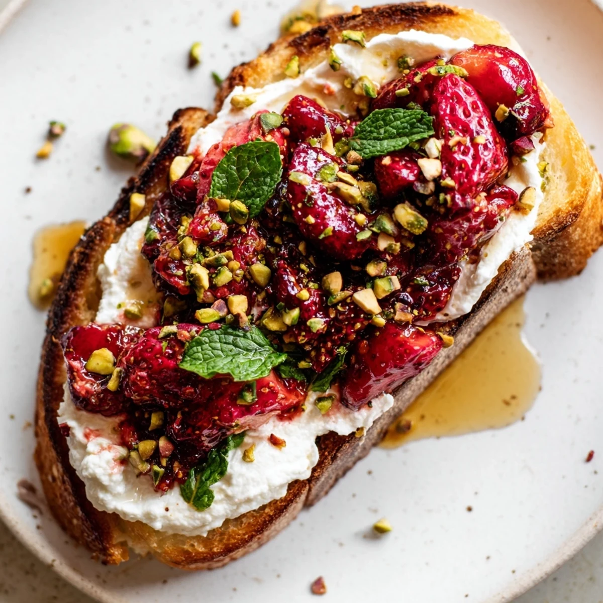 Golden sourdough toast piled high with fluffy whipped ricotta and sweet roasted strawberry topping