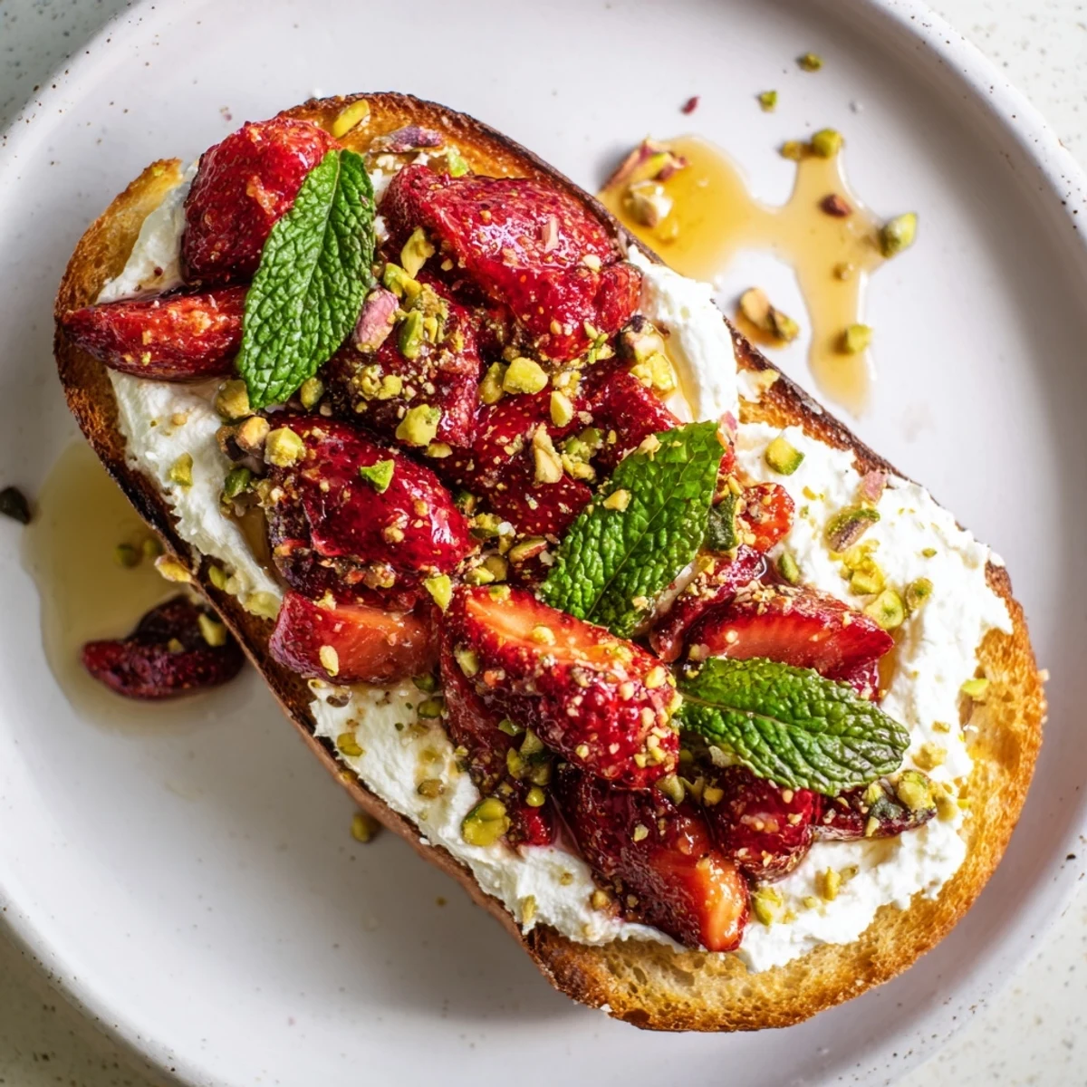 Roasted strawberry whipped ricotta toast drizzled with honey and sprinkled with fresh mint leaves