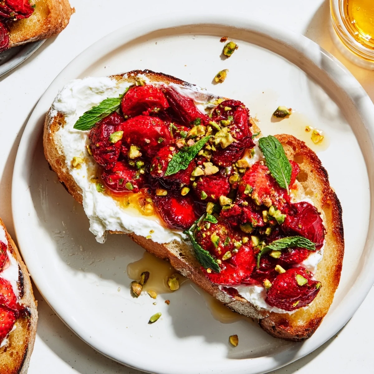 Artisan bread layered with creamy lemon ricotta and juicy roasted strawberries for a stunning brunch presentation