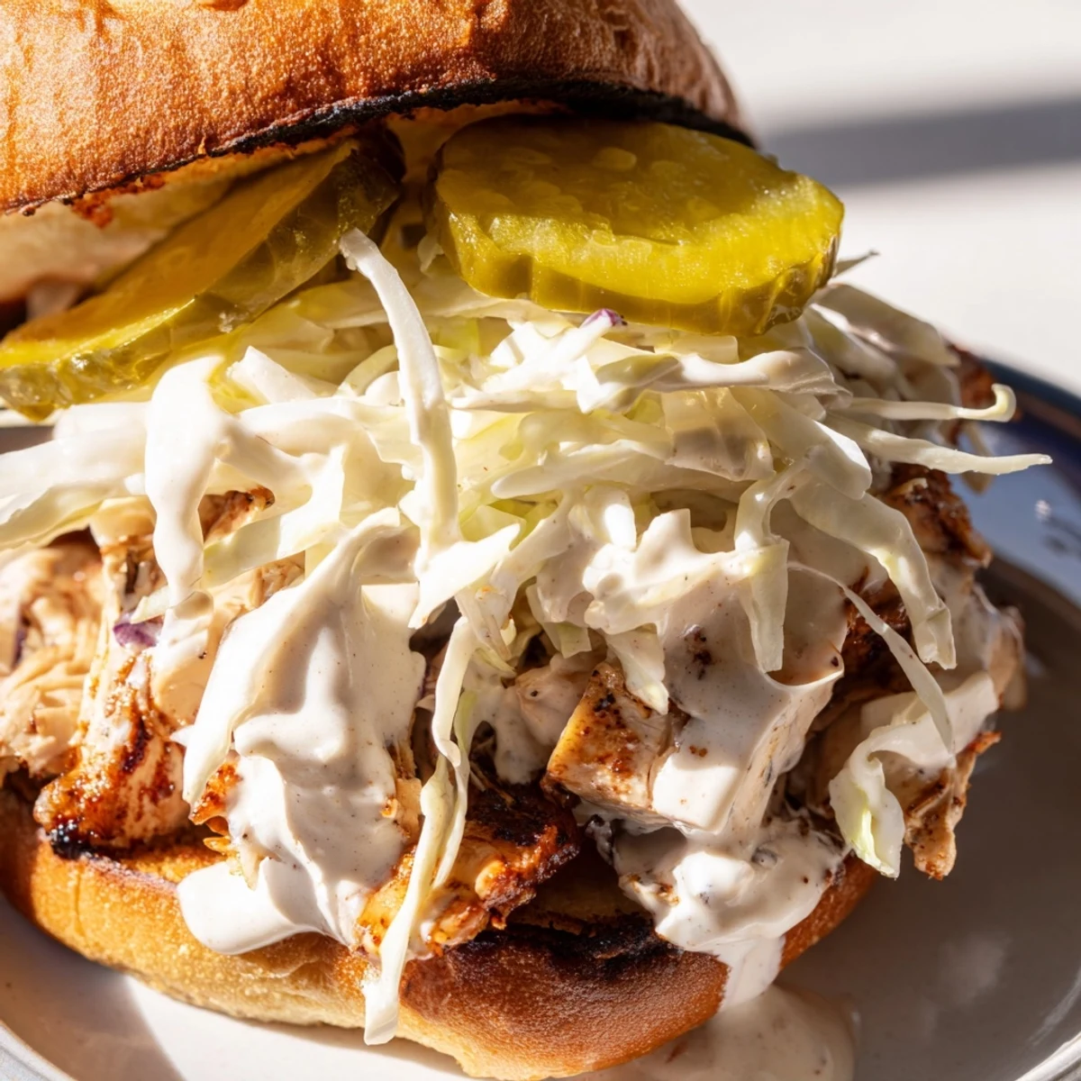 Southern-style BBQ chicken sandwich overflowing with creamy white sauce, shredded cabbage, and juicy smoked meat