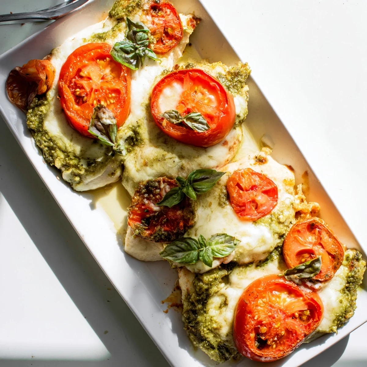 Golden bubbly Baked Pesto Caprese Chicken with melted mozzarella and fresh tomato slices