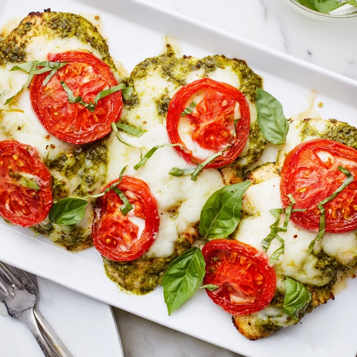 Juicy Baked Pesto Caprese Chicken featuring vibrant green pesto and ripe tomato topping