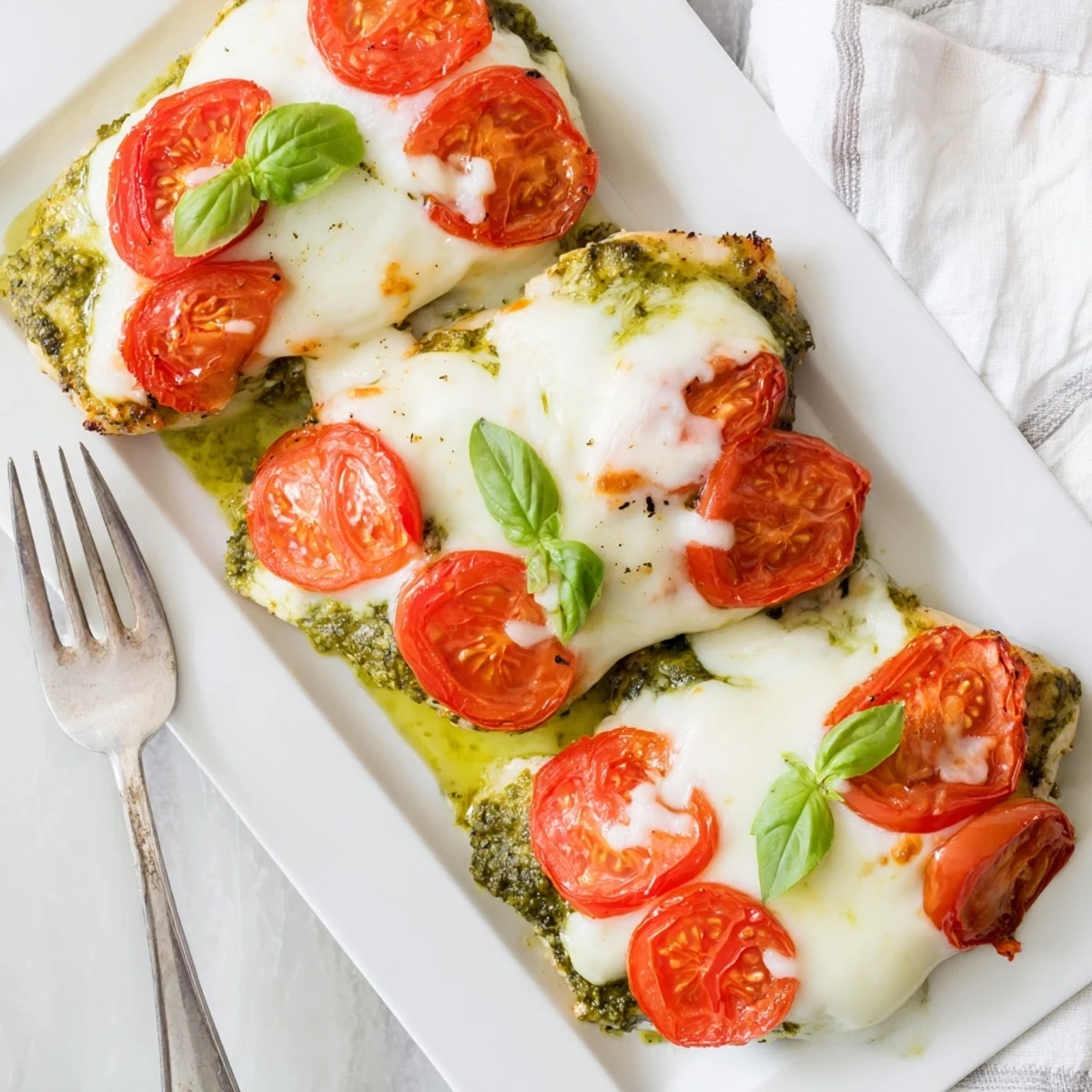 Italian-style Baked Pesto Caprese Chicken served hot with basil garnish and gooey cheese