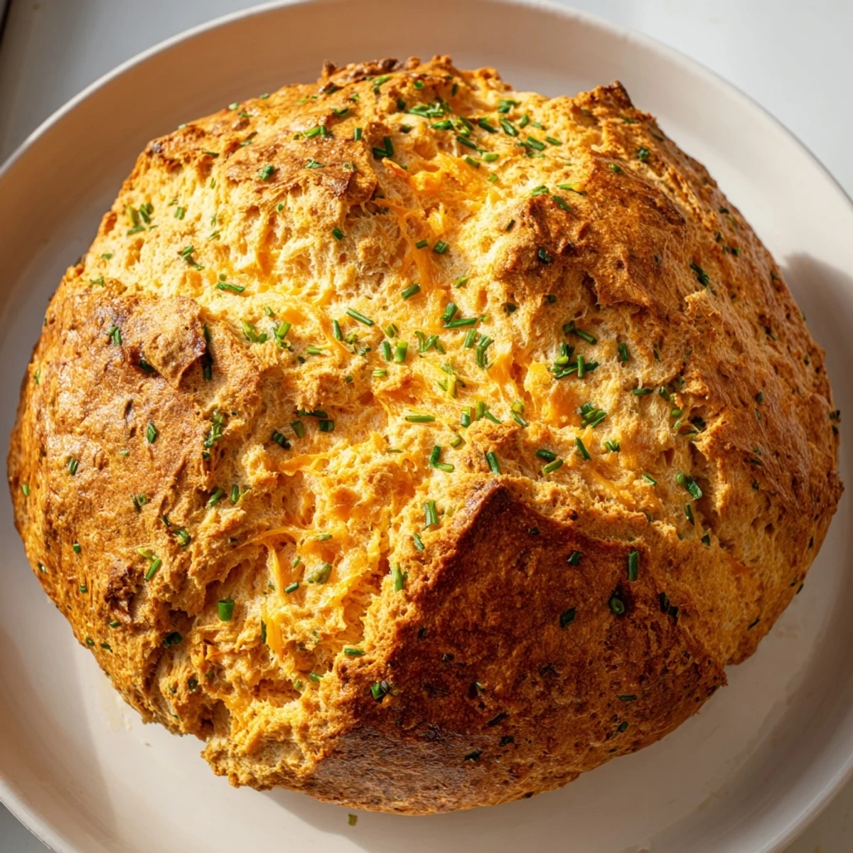 Warm homemade cheddar and herb soda bread sliced open revealing melted cheese pockets and fragrant fresh chive parsley specks