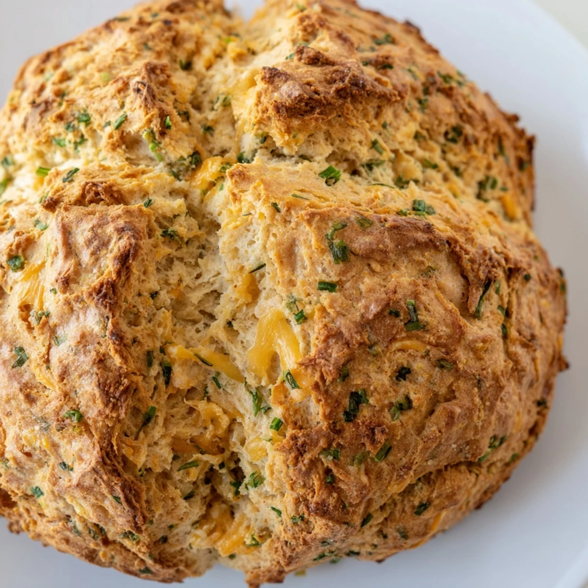 Rustic round cheddar and herb soda bread brushed with melted butter and sprinkled with coarse black pepper on a wooden board