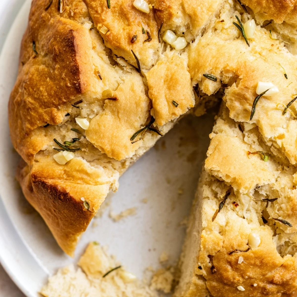 Golden brown Dutch oven garlic rosemary bread with crisp crust and soft interior