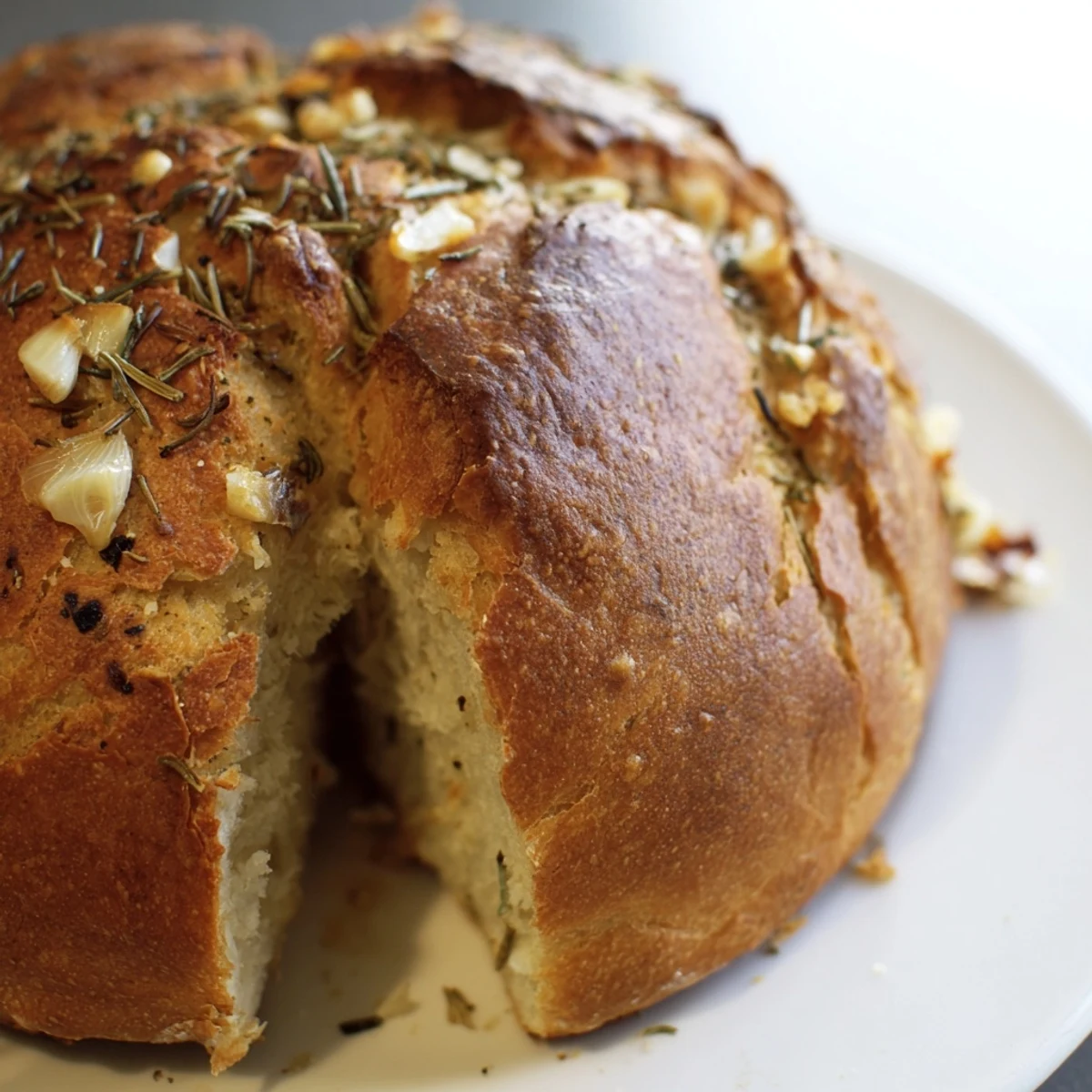 Rustic homemade garlic rosemary bread loaf baked to perfection in cast iron