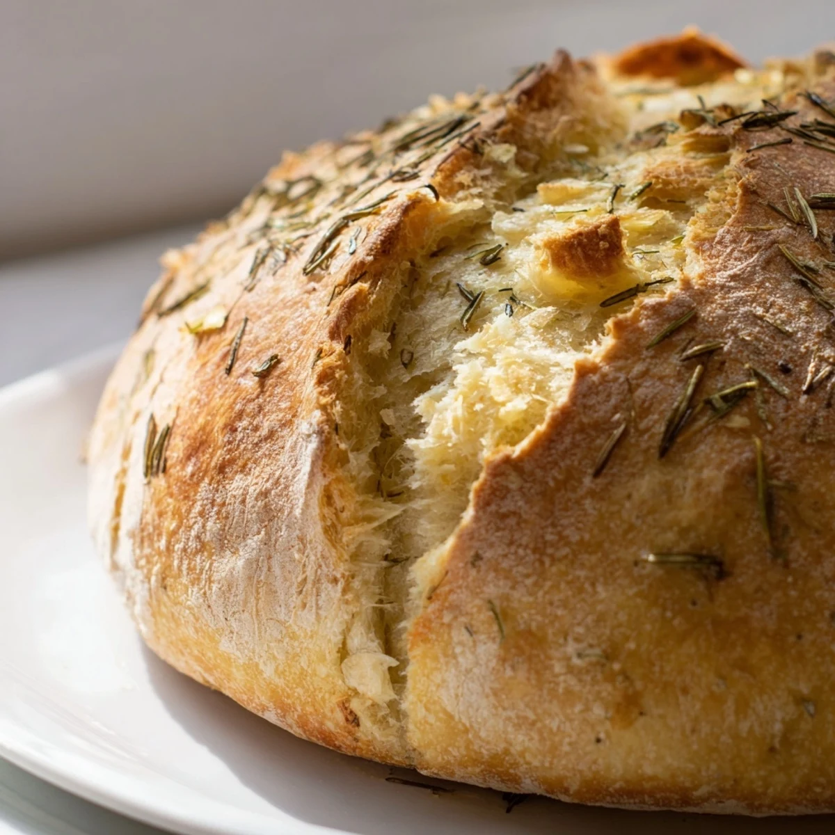 Freshly baked aromatic garlic rosemary bread displaying a crackled golden crust and texture