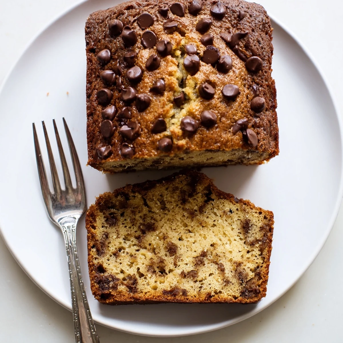 Moist homemade banana bread with gooey chocolate chips served on a wooden board
