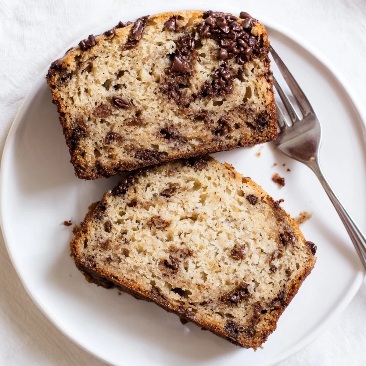 Golden chocolate chip banana bread loaf with melted chocolate chips on a slice