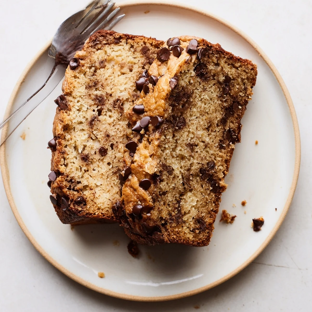 Freshly baked chocolate chip banana bread with a golden crust and tender crumb