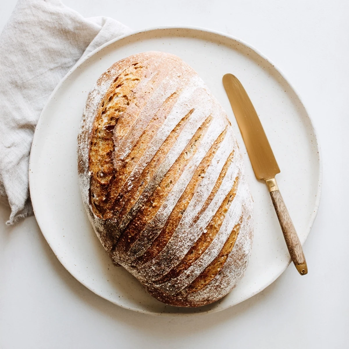 Golden brown sourdough bread loaf with crisp crust sliced on wooden cutting board