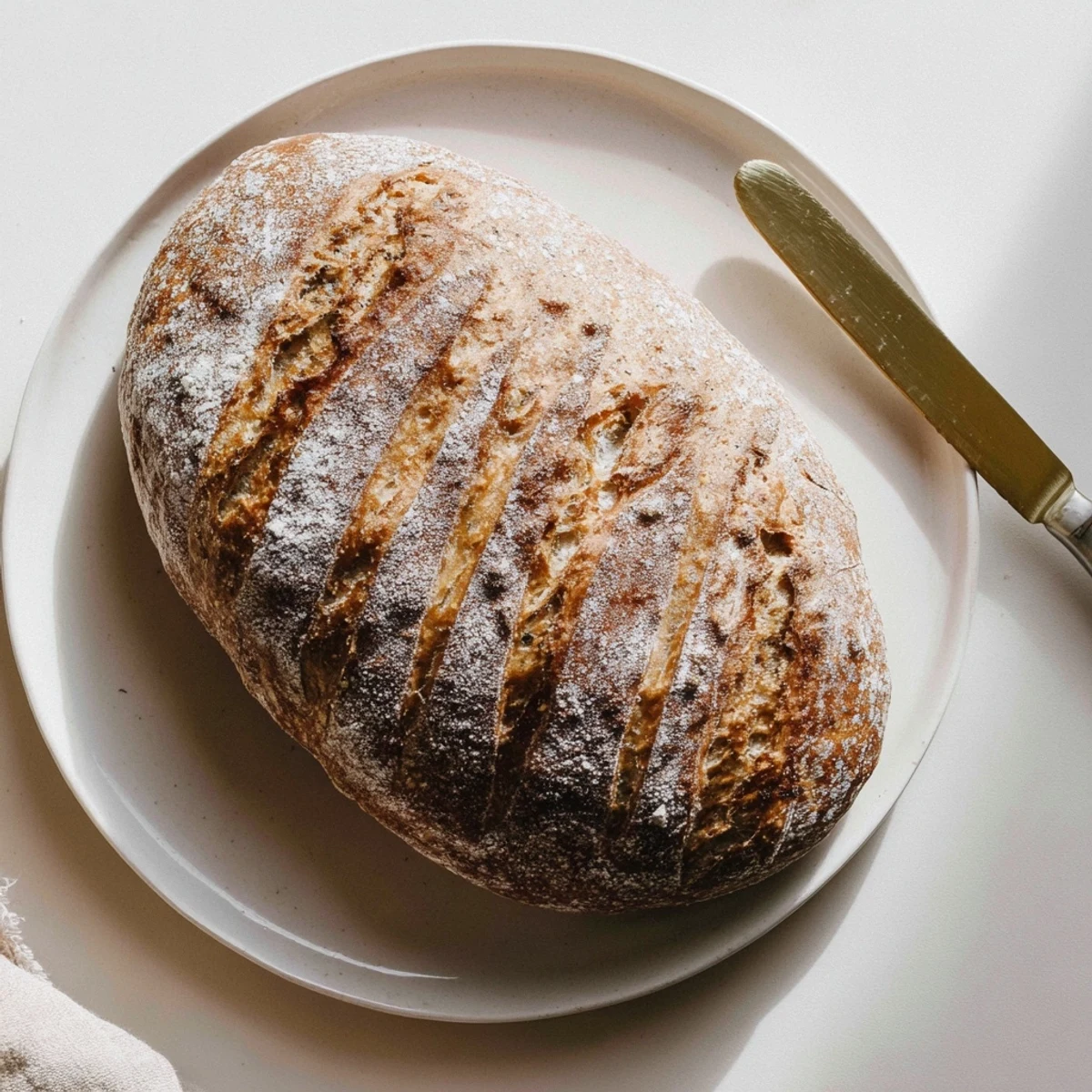Artisan sourdough bread displaying crackled crust and airy crumb alongside butter knife