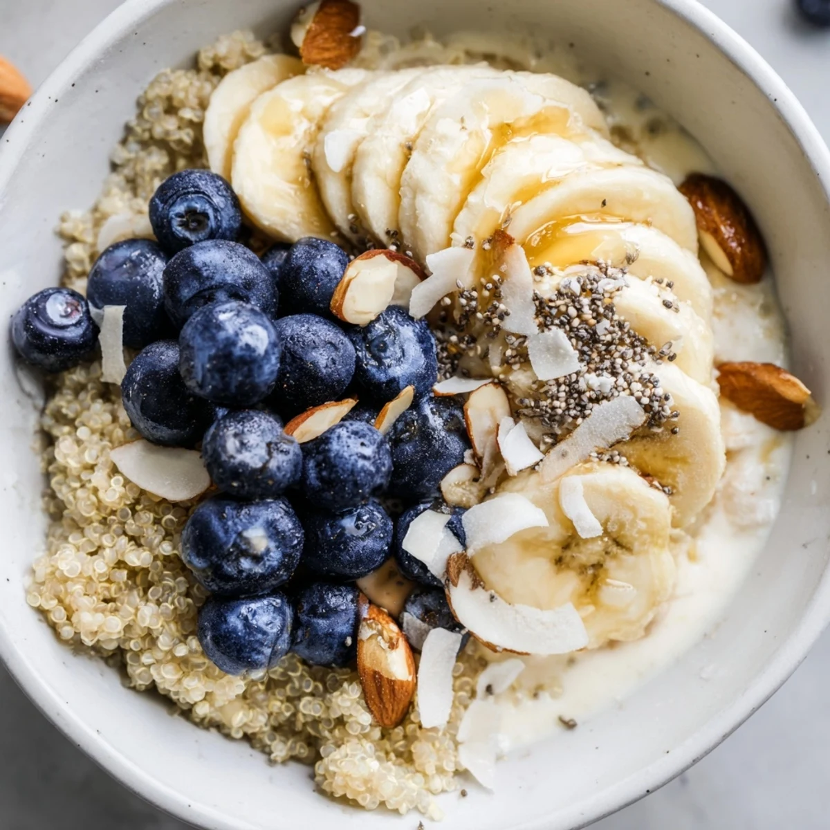 Vibrant morning blueberry quinoa breakfast bowl with sliced bananas, berries, and coconut sprinkles