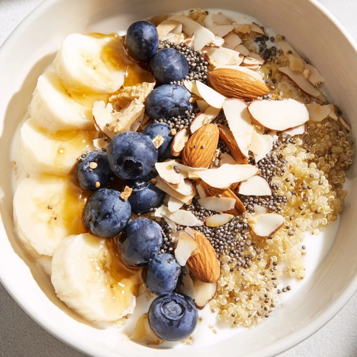 Golden blueberry quinoa breakfast bowl topped with fresh fruit, crunchy nuts, and creamy yogurt
