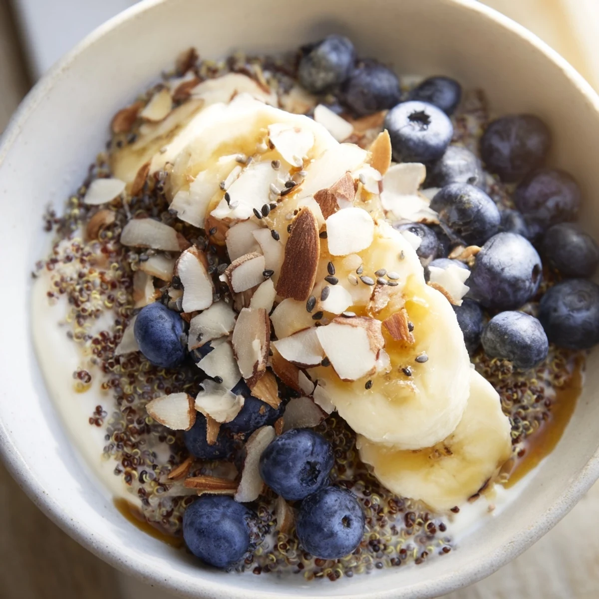 Protein-rich blueberry quinoa breakfast bowl served with sweet maple drizzle and chia seed toppings