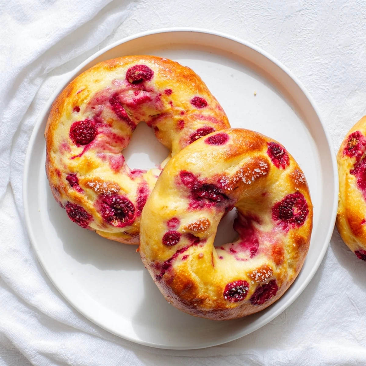 Freshly baked raspberry sourdough bagels with pink streaked dough and sugar-crusted tops cooling down