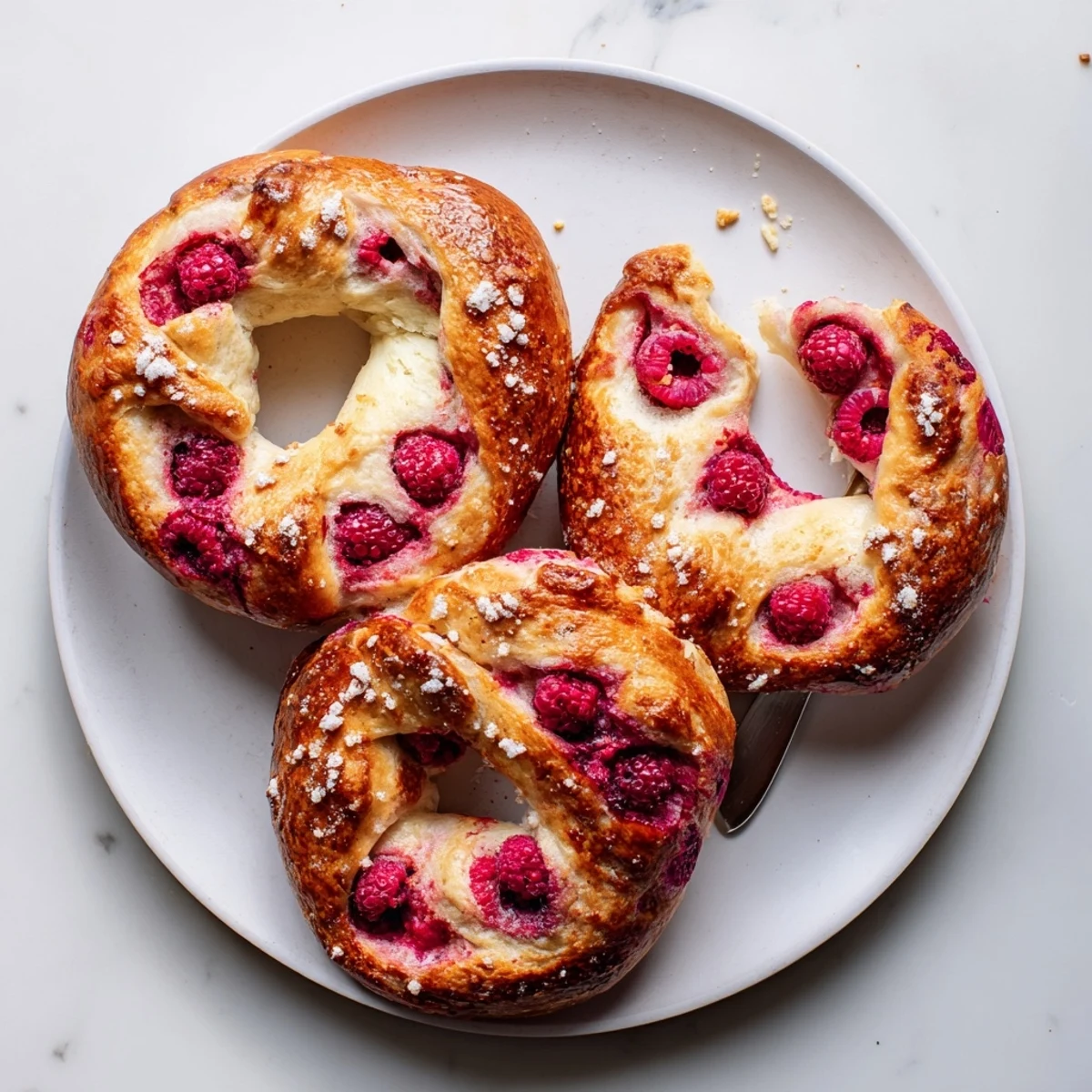 Golden brown raspberry sourdough bagels studded with juicy red berries on a wire rack