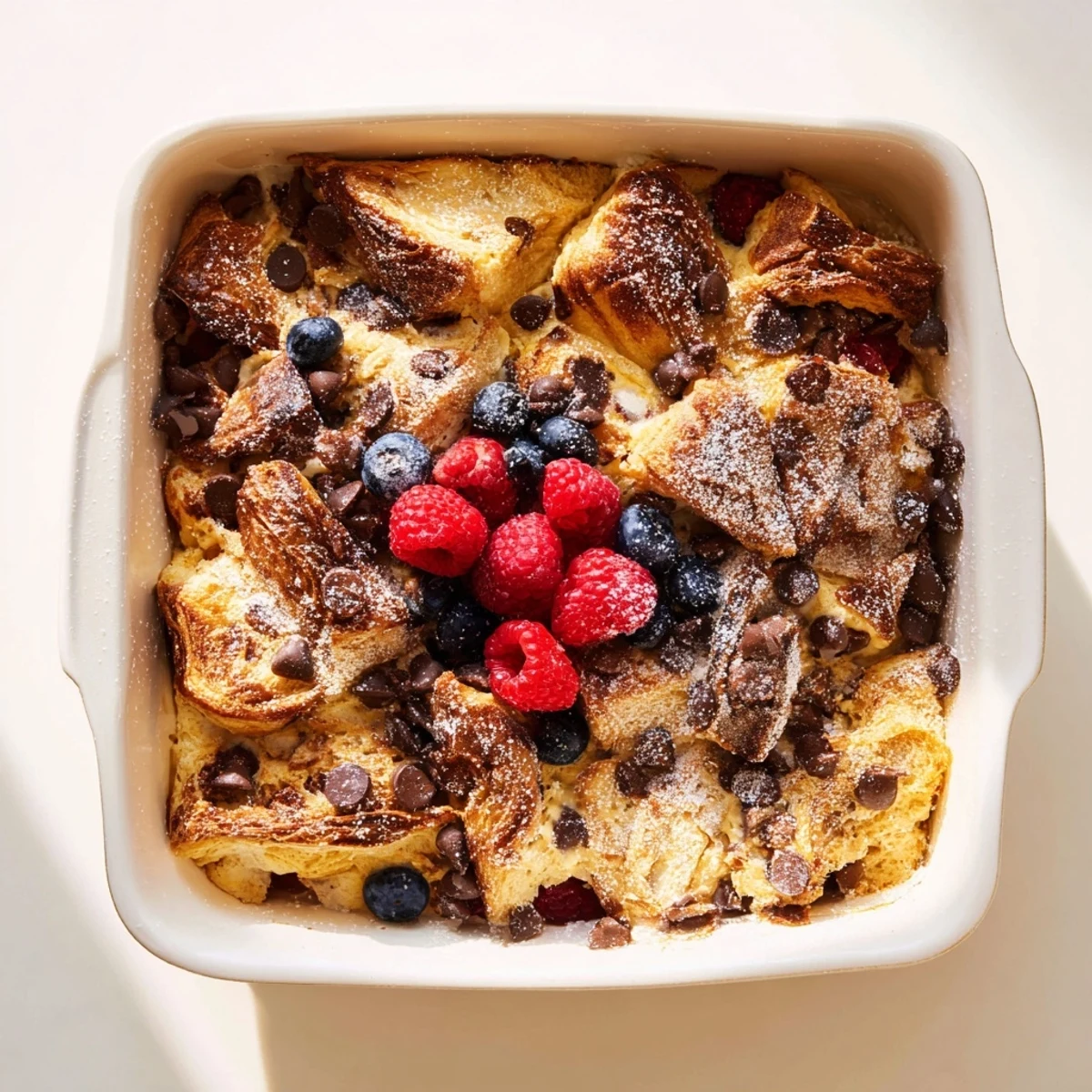 Golden chocolate croissant breakfast bake with melted chocolate chunks and a golden custard topping