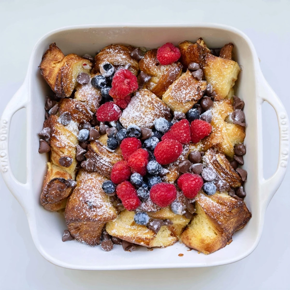 Warm chocolate croissant breakfast bake casserole dusted with powdered sugar and fresh berries