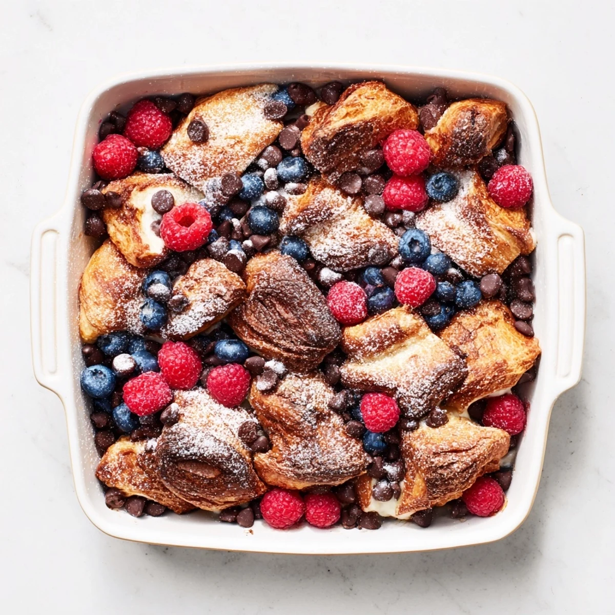 Buttery croissant pieces soaked in vanilla custard with melted semi-sweet chocolate baked until golden