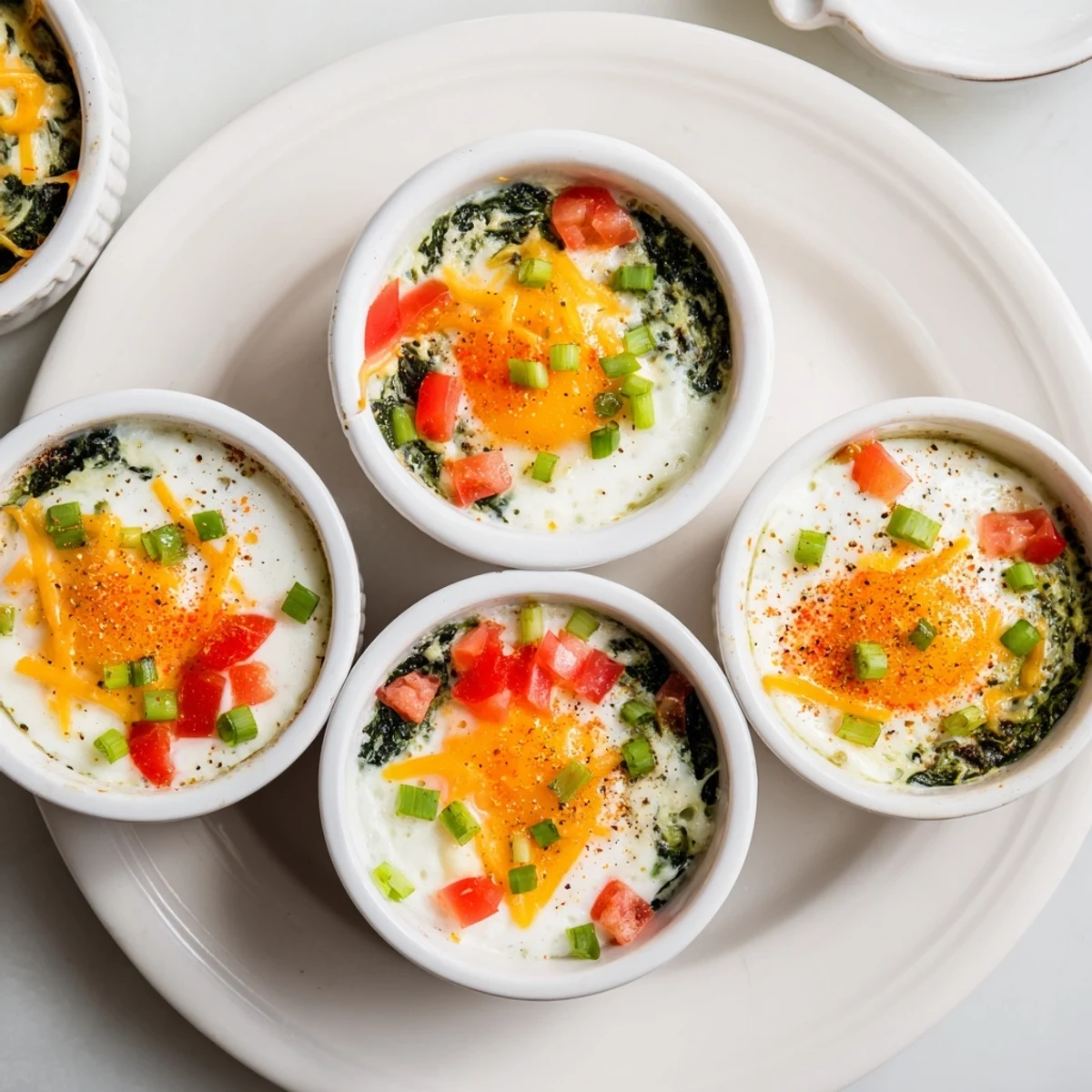 Golden baked cottage cheese eggs with melted cheese topping in individual ramekins garnished with fresh scallions