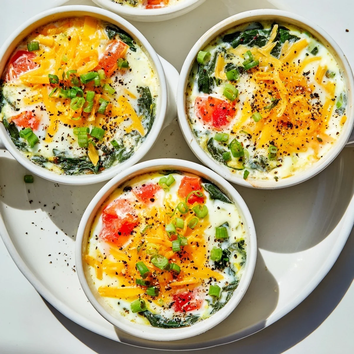 Creamy cottage cheese breakfast bake with runny yolks fresh spinach and diced tomato in small dishes