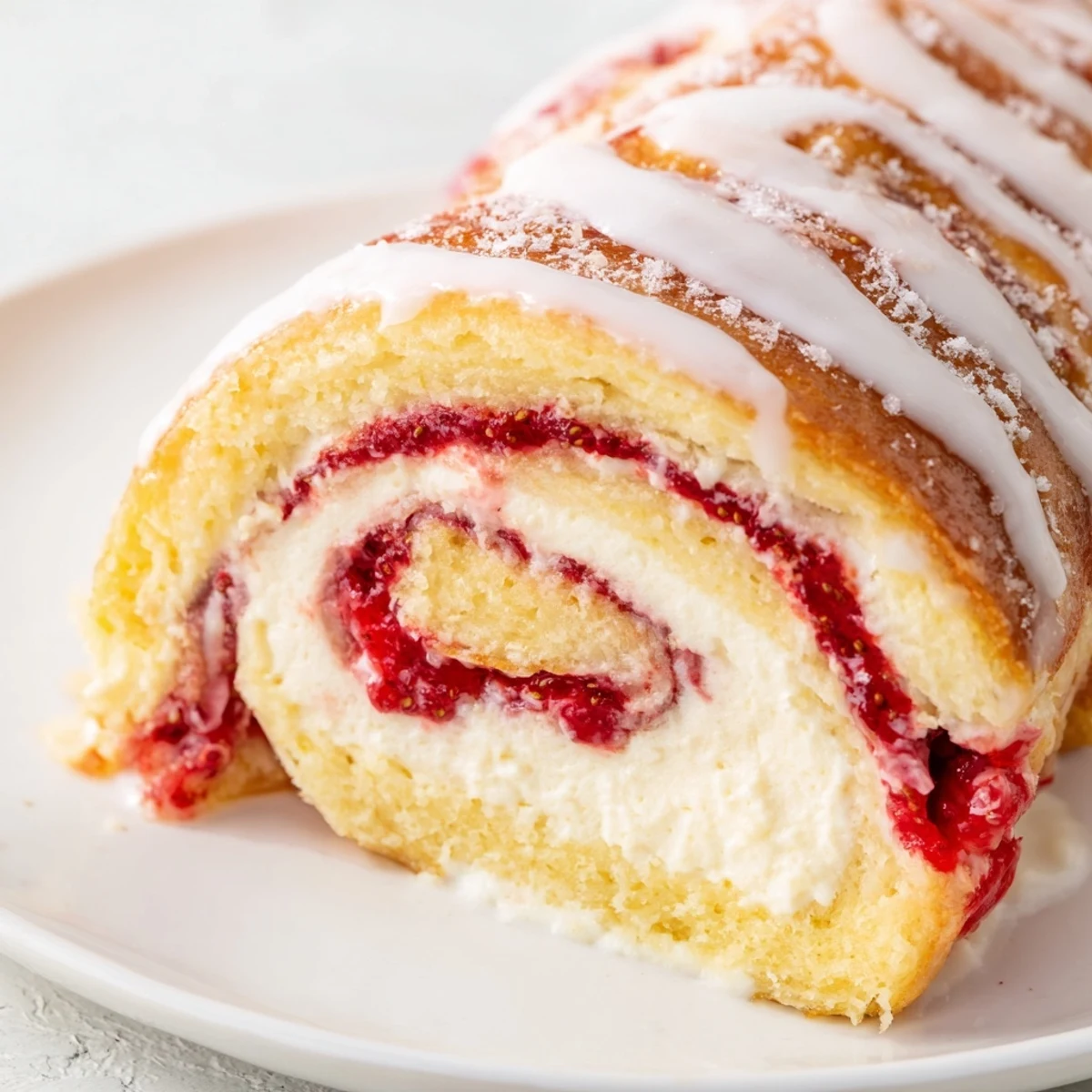 Golden Strawberry Shortcake Cheesecake Rolls swirled with cream cheese filling and fresh strawberries drizzled with sweet vanilla glaze