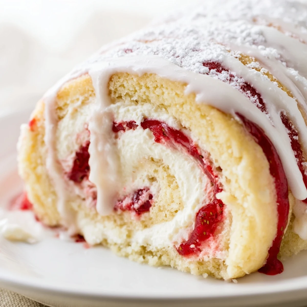 Soft baked Strawberry Shortcake Cheesecake Rolls arranged in a baking dish with glossy powdered sugar icing dripping down the spirals